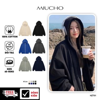 Áo hoodie zip trơn nữ form rộng HZT01 Miucho chân cua