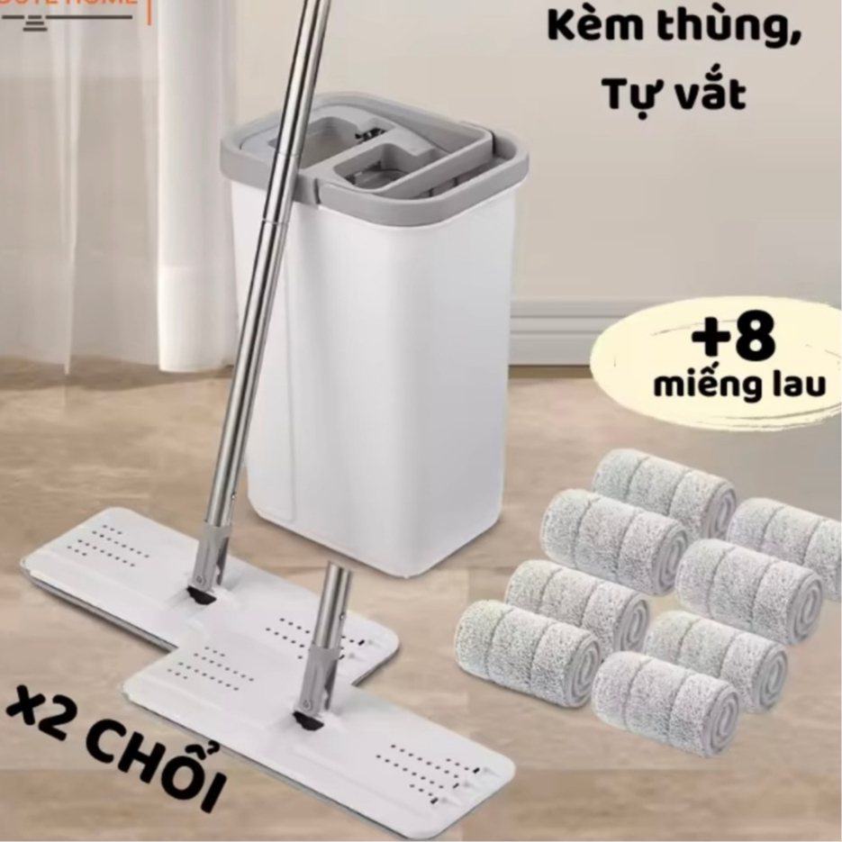 Bộ Cây lau Nhà ( 1 Thùng +2 Cây Lau +8 Bông Lau) Tự Vắt Thông Minh Đầu Xoay 360 Độ Tiện Lợi Lau Sàn Sạch Cán Inox