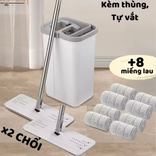 Bộ Cây lau Nhà ( 1 Thùng +2 Cây Lau +8 Bông Lau) Tự Vắt Thông Minh Đầu Xoay 360 Độ Tiện Lợi Lau Sàn Sạch Cán Inox