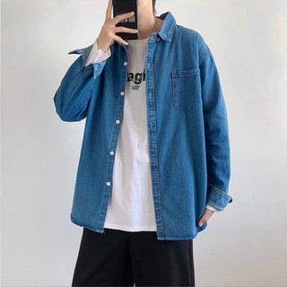Áo sơ mi dài tay nam jean phom rộng chất bò denim vải dày cotton đẹp phong cách Hàn Quốc PON.MENS