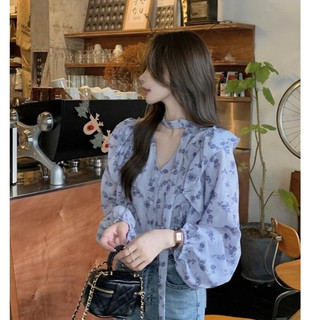 Áo sơ mi dài tay cổ V in hoa thắt nơ cổ 2 màu vintage