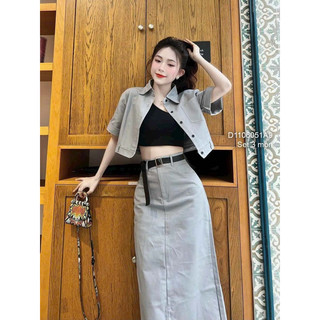 Set 3 món áo sơ mi xám kèm áo 1 vai phối chân váy dáng dài viens store