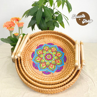 Khay trà mây tre Duwa shop thương hiệu Tre Làng đan hoa văn , màu sắc đẹp đựng hoa quả, ấm chén