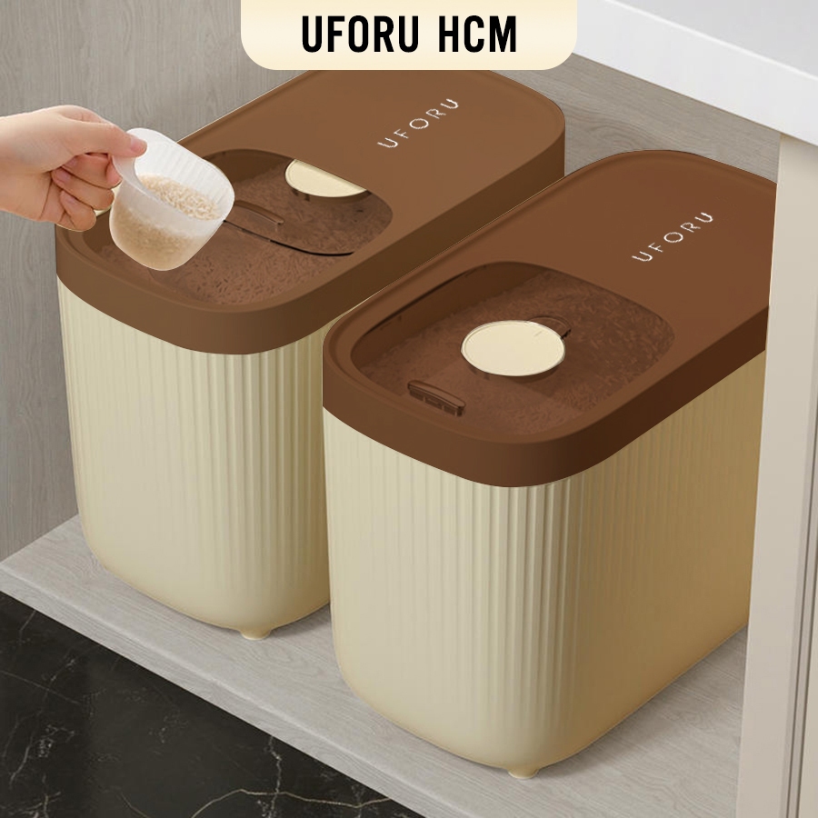Thùng đựng gạo nắp trượt chống ẩm màu kem UFORU chất liệu nhựa PP, PET dung tích 5kg, 10kg, 15kg - UF309