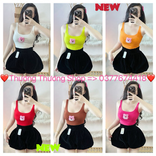 Áo thun croptop 2 dây bảng to đính gấu dâu un siu xinh, chất thun borip loại 1,