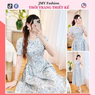 V4868 Váy đầm xanh hoa nhí dáng xòe dài công sở [Dolce Viva Colection (DVC)] váy xanh hoa nhí trắng nữ tính