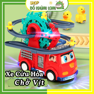 Đồ chơi xe cứu hỏa chở vịt leo thang có nhạc đèn xe chạy được trên bề mặt xe ô tô đồ chơi - bố khủng long