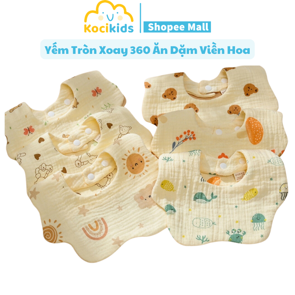 Yếm tròn xoay 360 độ ăn dặm VIỀN HOA cho bé chất xô muslin 6 lớp mềm mại thấm hút tốt