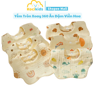 Yếm tròn xoay 360 độ ăn dặm VIỀN HOA cho bé chất xô muslin 6 lớp mềm mại thấm hút tốt