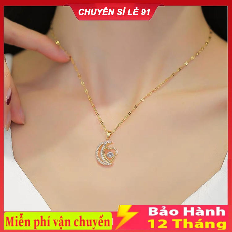 Vòng cổ Mạ Vàng 18K Hình Mặt Trăng Tim / Trái Tim Đính Đá Thời Trang Không Gây Dị Ứng Cho Nữ