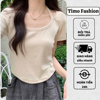 Áo thun ngắn tay TIMO, Áo thun kiểu vạt bầu phối dây cổ sành điệu, dáng croptop form ôm, vải thun tăm, AOT137
