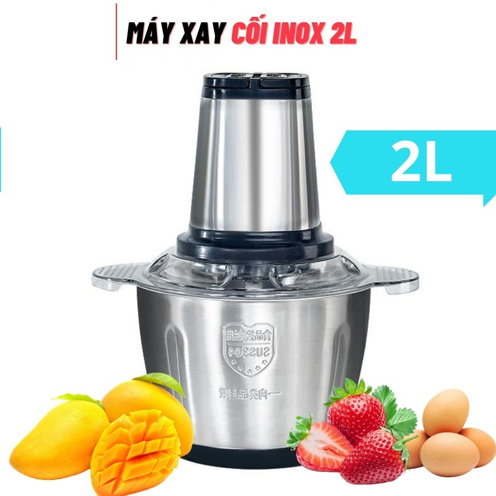 Máy Xay Thịt Đa Năng Cối INOX 304 2L Công Suất 250W, 4 Lưỡi Kép, Cối Xay Thực Phẩm Rau Củ Quả