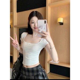 Áo thun nữ ôm croptop phối nơ viền ren cổ chất liệu thun gân , áo babytee ôm cổ vuông ngắn tay freesize , năng động