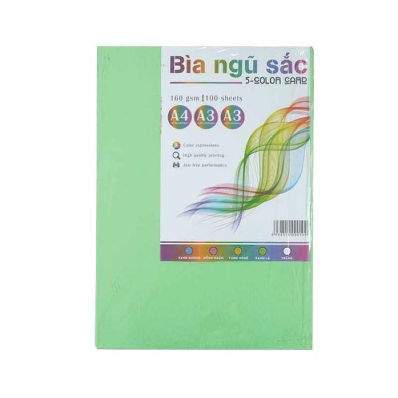 Bìa Màu Ngũ Sắc khổ A3, A4 100 tờ xanh lá - Định lượng 160 gsm