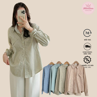 Áo sơ mi nữ  kẻ nhiều màu dài tay MIMISAMS phom rộng , phối túi ngực gập , chất  kẻ thô hàn.