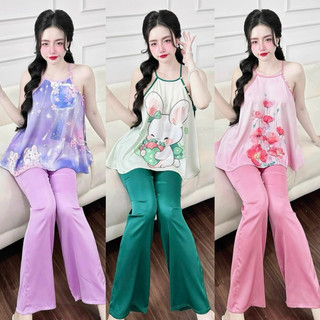 Bộ yếm lụa latin tơ tằm quần suông dài freesize dưới 63kg