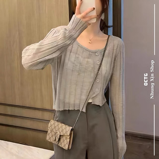 Áo cardigan croptop len màu xám phong cách nữ tính mong manh