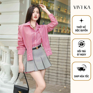 Vivika - chân váy xếp ly kẻ sọc đỏ - vkcv00328