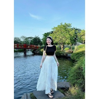Set váy thời trang nữ đi biển chất áo thun tăm cổ tròn tay ngắn chân váy lụa dài maxi lưng thun bo eo tôn dáng