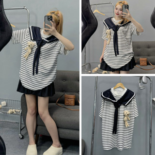 Áo phông thủy thủ phối khăn quàng, áo thun kẻ sọc đính gấu chất liệu cotton phong cách dễ thương