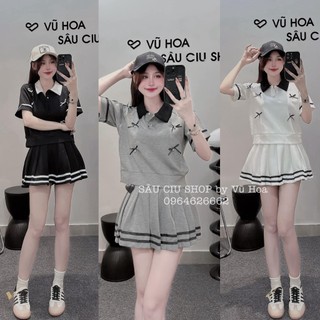 Set áo đính nơ nữ cổ polo mix chân váy tennis sang chảnh SET143, set đồ nữ đi biển, du lịch Rosie Dream Shop