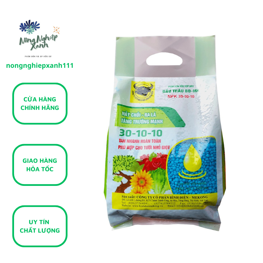 Phân bón đầu trâu NPK 30-10-10, phân bón Bình Điền Mekong tan nhanh giúp cây tăng trưởng gói 1kg