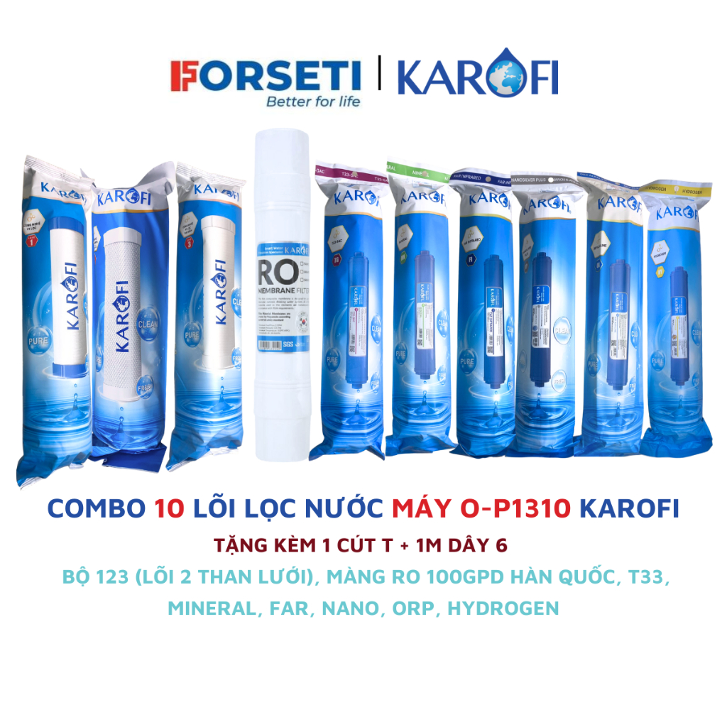 Combo 10 lõi lọc nước cho máy lọc nước Karofi O-P1310 (1-CTO-3, RO100GPD Hàn Quốc, 5678910)