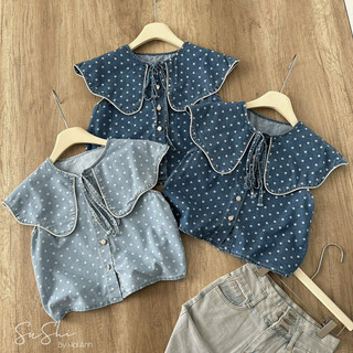 Áo jean chấm bi cổ bèo QCCC