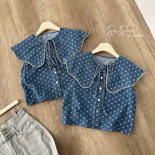 Áo jean chấm bi cổ bèo QCCC