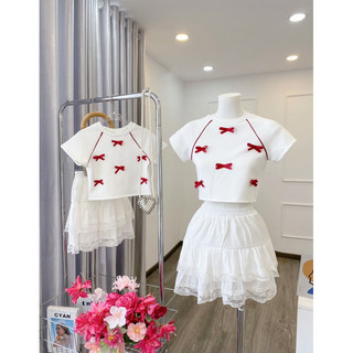SP021922 SET CHÂN VÁY ÁO TRẮNG ĐÍNH NƠ ĐỎ