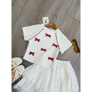 SP021922 SET CHÂN VÁY ÁO TRẮNG ĐÍNH NƠ ĐỎ