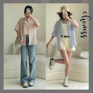 Áo sơ mi nữ kiểu cộc tay kẻ sọc vải kẻ đũi thoáng mát CHOMSS kiểu Hàn Quốc ulzzang - CHOMSS99