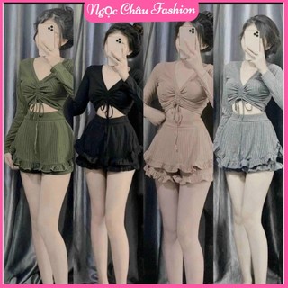 SET ÁO RÚT DÂY TAY DÀI KÈM VÁY DÁNG NGẮN CÓ QUẦN TRONG PHỐI LAI BÈO 4 MÀU NU, XÁM, ĐEN, XANH RÊU0 FORM 38-55KG
