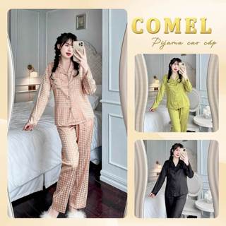 Bộ đồ ngủ Pijama nữ lụa gấm ô vuông dài tay thu đông mặc nhà cao cấp Freesize 40-58kg - COMEL