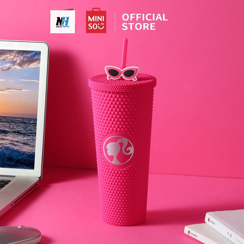 Ly Cốc nước nhựa chống trượt Miniso Barbie 700ml, bộ sưu tập Bình nước có ống hút Barbie