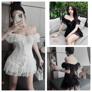 Set áo trễ vai nhún tay rời kèm chân váy voan tầng - Bộ 2 món áo bẹt vai kèm chân váy alohashop91