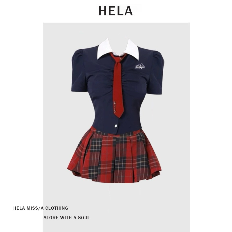 HELA Phong Cách Ngắn Xếp Ly Áo Sơ Mi Thêu Nữ