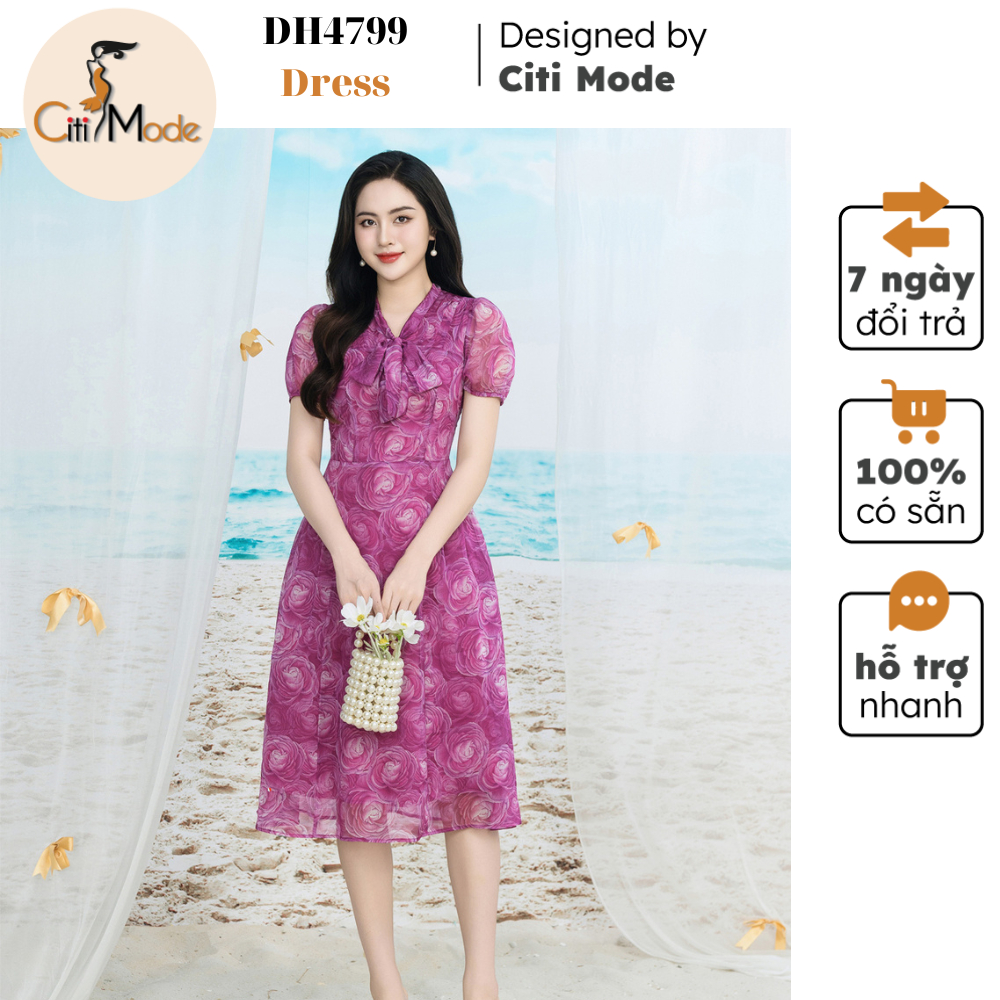 Đầm công sở CITI MODE FASHION thiết kế dáng xoè hoa hồng cổ nơ DH4799