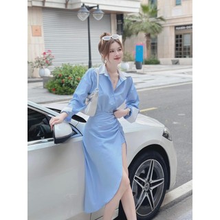 Đầm sơ mi caro xanh tay dài phối trắng dáng dài xẻ tà, đầm sơ mi basic phong cách hàn quốc mtb