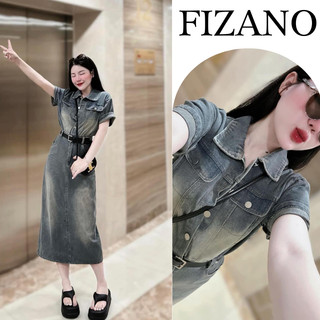 Váy jean liền cổ đức phối túi ngực, đầm demin dáng dài hai màu khói Fizano HCOM2397