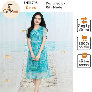Đầm công sở citi mode fashion thiết kế dáng xoè hoa xanh phối nơ cổ dh4798