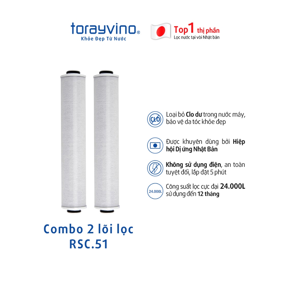   VC50K  Combo 2 Lõi lọc thay thế vòi sen tắm RSC51 Torayvino loại bỏ Clo công suất lọc 12000 lít nước 