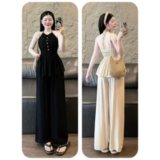 Set bộ đồ nữ mặc đi chơi chất đũi vân mây áo yếm chạy mocking hở lưng mix quần ống suông siêu xinh