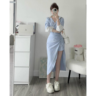 Hion Store - Set sm sọc xanh phối trắng+ cv nhíu xẻ sm