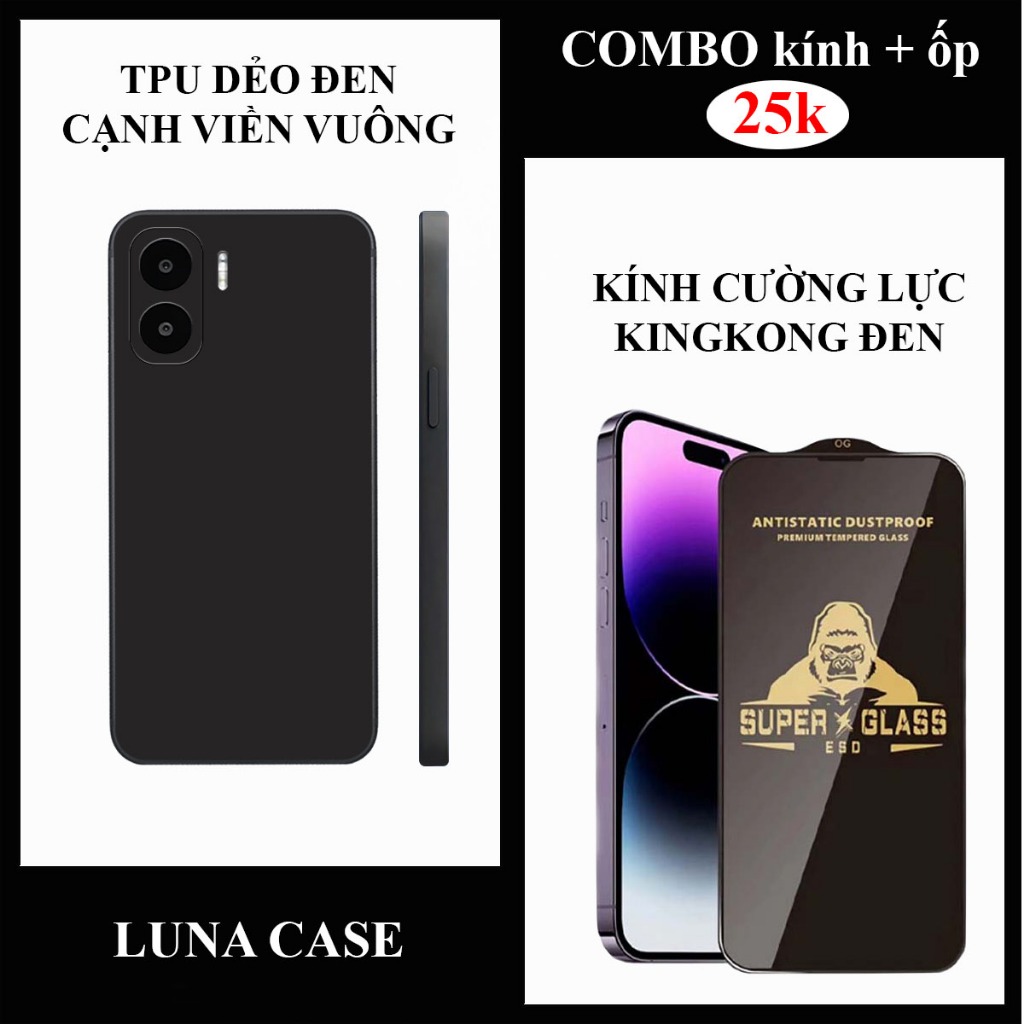 COMBO ốp + kính cường lực Xiaomi Redmi A1 / A2 / A1+ / A2+ ốp dẻo đen cạnh viền vuông, miếng dán phủ
