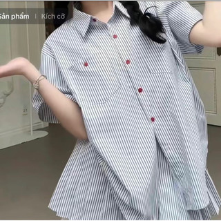 Set áo kèm chân váy xếp li kẻ sọc phối cúc màu tkcc bageo