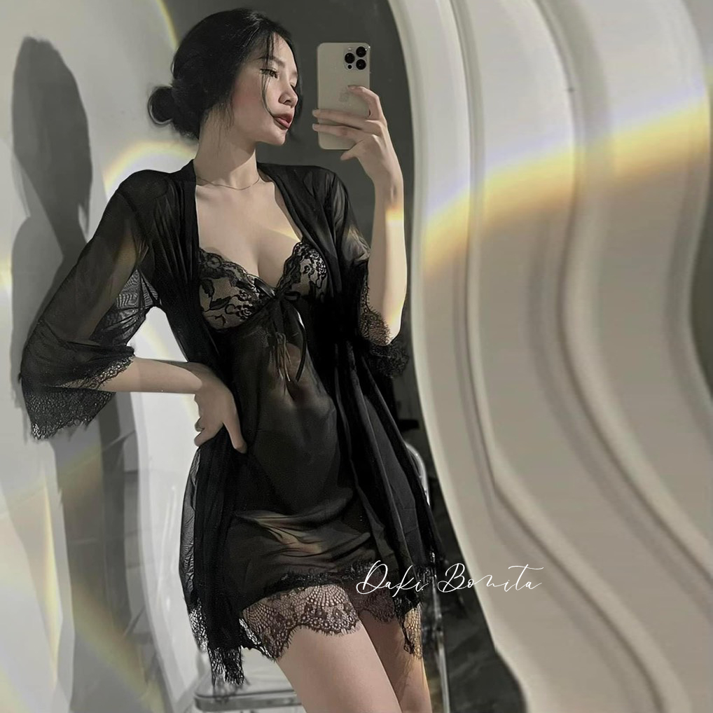 Set đồ ngủ nữ sexy DN08 kiểu đầm 2 dây xuyên thấu gồm váy và áo choàng kèm quần lót gợi cảm | BigBuy360 - bigbuy360.vn