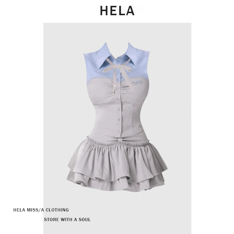 HELA Phong Cách Tay Ngắn Tương Phản Áo Sơ Mi Nữ