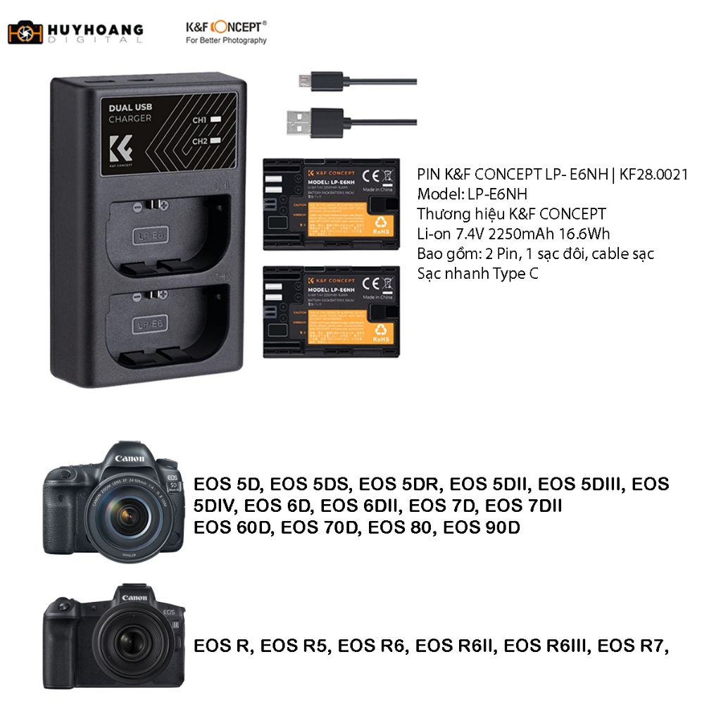 Pin máy ảnh K&F CONCEPT đủ loại | 2 Pin 1 Sạc - K&F CONCEPT LP-E6NH