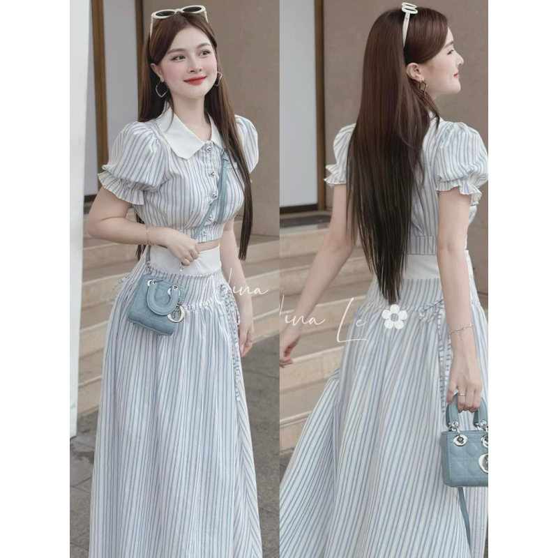 set váy kẻ dài mix áo sơ mi tay bồng cổ bẻ siêu đẹp mặc đi chơi đi làm